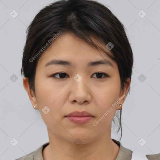 Neutral asian young-adult female with medium  brown hair and brown eyes