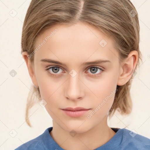 Neutral white young-adult female with medium  brown hair and grey eyes