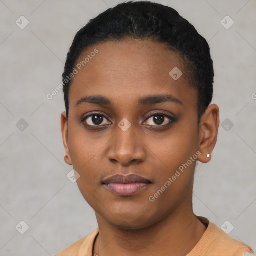 Neutral black young-adult female with short  black hair and brown eyes