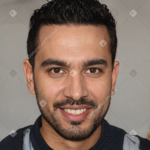 Joyful white young-adult male with short  black hair and brown eyes