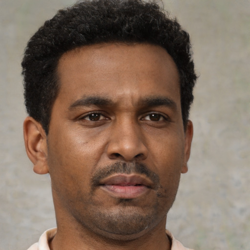 Neutral black young-adult male with short  black hair and brown eyes
