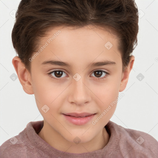 Joyful white child female with short  brown hair and brown eyes