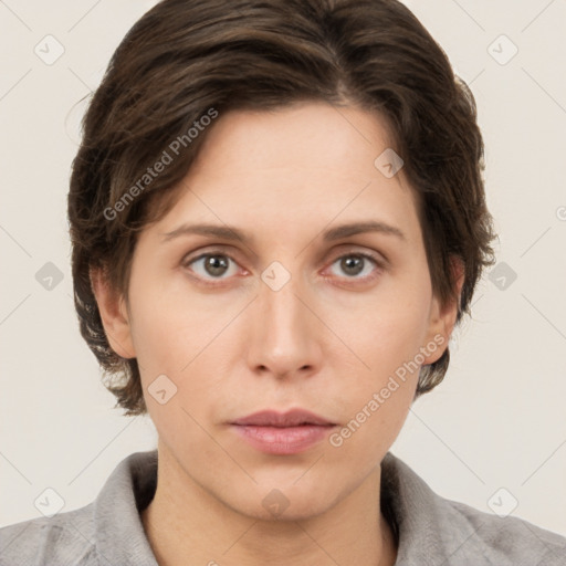 Neutral white young-adult female with short  brown hair and brown eyes