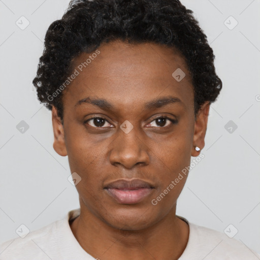 Neutral black young-adult female with short  black hair and brown eyes