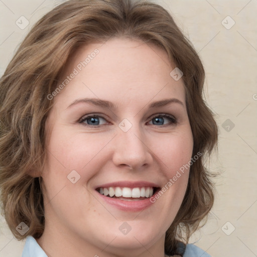 Joyful white young-adult female with medium  brown hair and green eyes