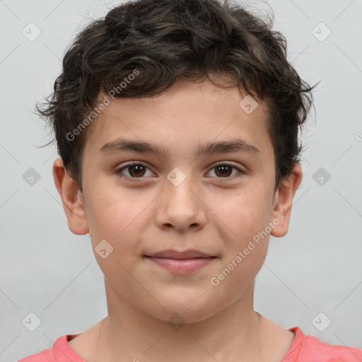 Joyful white child male with short  brown hair and brown eyes