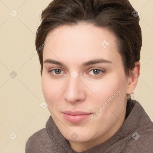 Neutral white young-adult female with short  brown hair and brown eyes