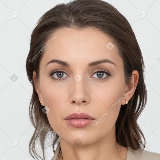 Neutral white young-adult female with medium  brown hair and grey eyes