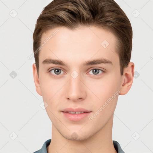 Neutral white young-adult male with short  brown hair and brown eyes