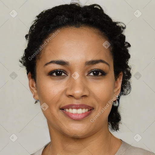 Joyful latino young-adult female with short  black hair and brown eyes