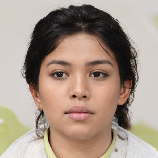 Neutral asian young-adult female with medium  brown hair and brown eyes