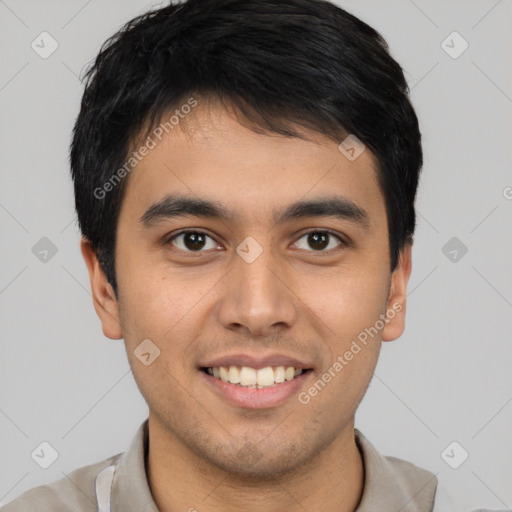 Joyful latino young-adult male with short  brown hair and brown eyes