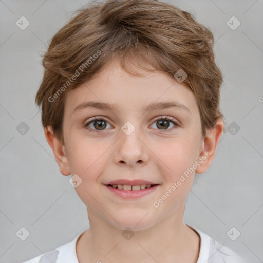 Joyful white child female with short  brown hair and grey eyes