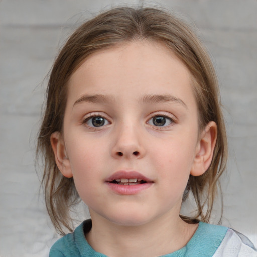 Neutral white child female with medium  brown hair and blue eyes