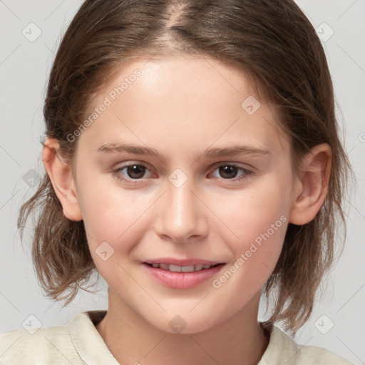 Joyful white child female with medium  brown hair and brown eyes