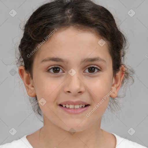 Joyful white child female with medium  brown hair and brown eyes