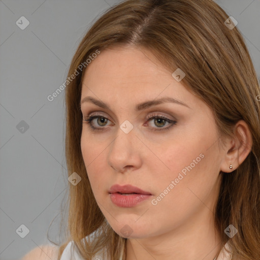 Neutral white young-adult female with medium  brown hair and brown eyes