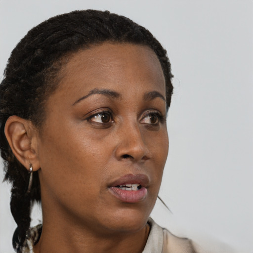 Neutral black young-adult female with short  brown hair and brown eyes
