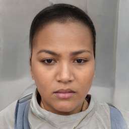 Neutral white young-adult female with short  brown hair and brown eyes