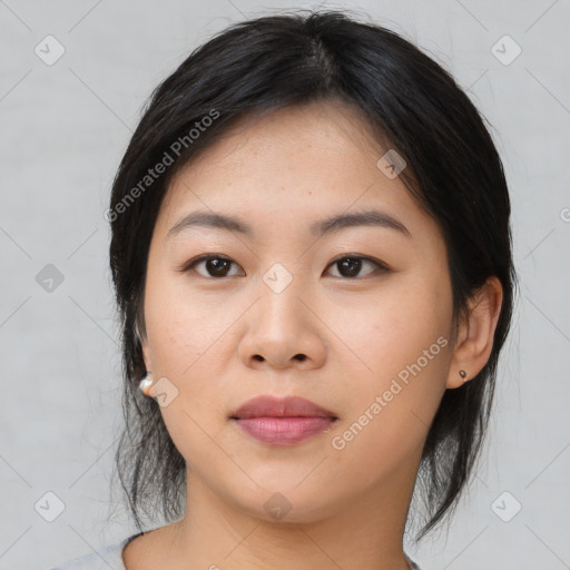 Neutral asian young-adult female with medium  black hair and brown eyes