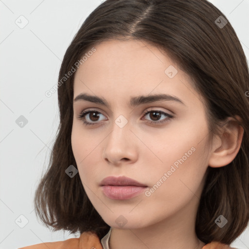 Neutral white young-adult female with medium  brown hair and brown eyes