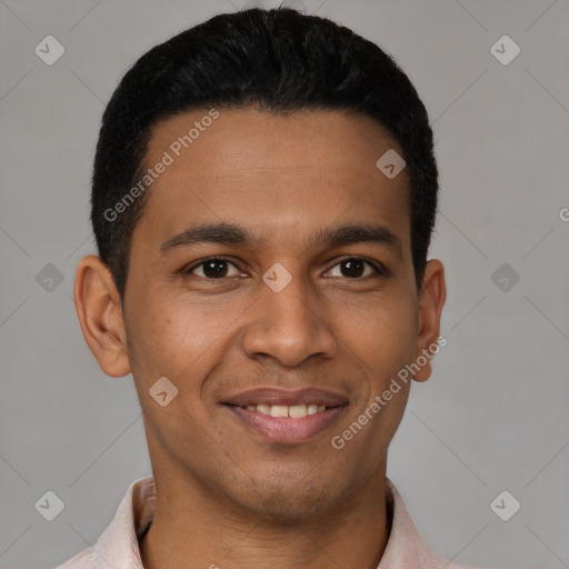 Joyful latino young-adult male with short  black hair and brown eyes