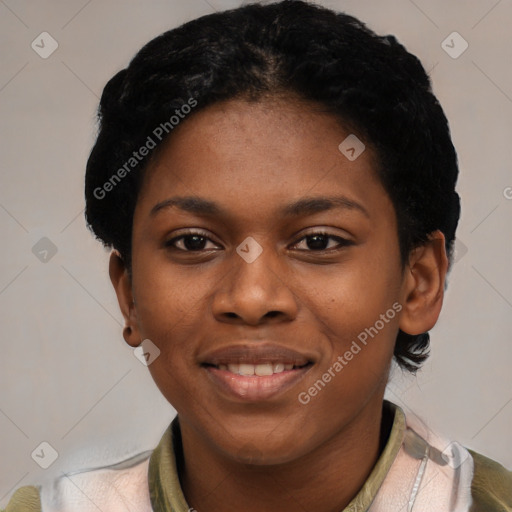 Joyful latino young-adult female with short  black hair and brown eyes