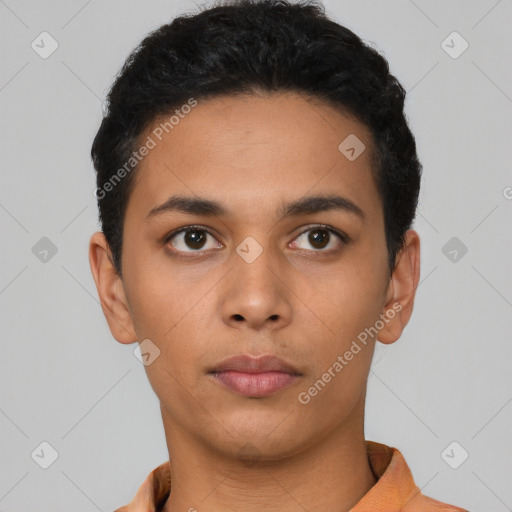 Neutral latino young-adult male with short  black hair and brown eyes