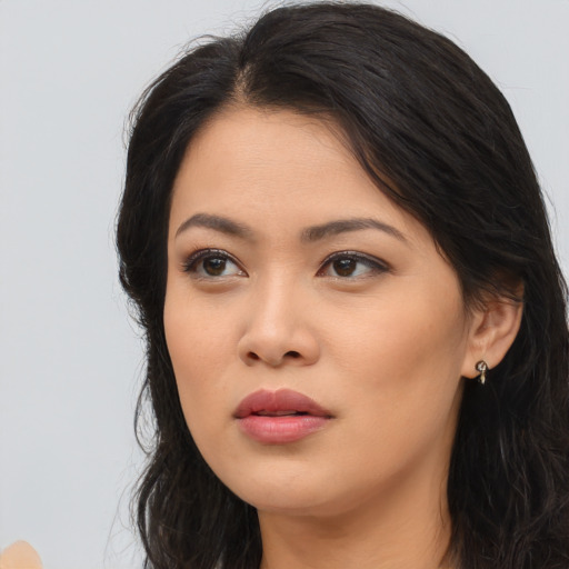 Neutral asian young-adult female with long  black hair and brown eyes