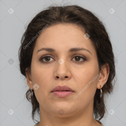 Neutral white young-adult female with medium  brown hair and brown eyes