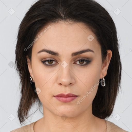 Neutral white young-adult female with medium  brown hair and brown eyes