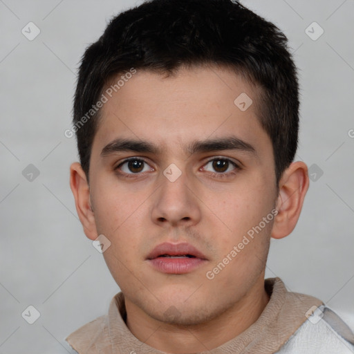 Neutral white young-adult male with short  brown hair and brown eyes