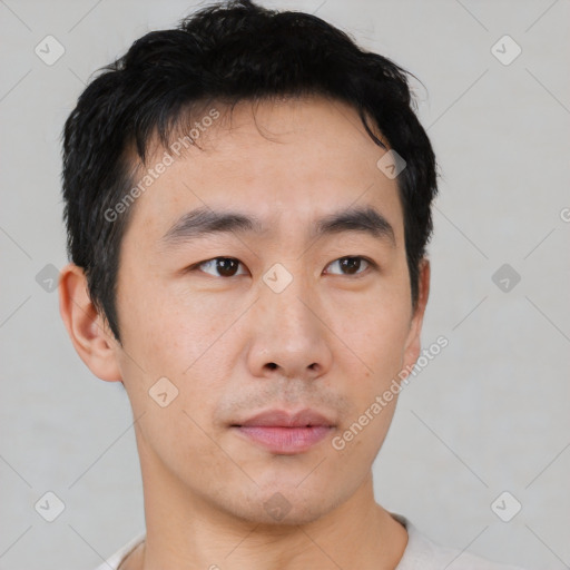 Neutral asian young-adult male with short  black hair and brown eyes