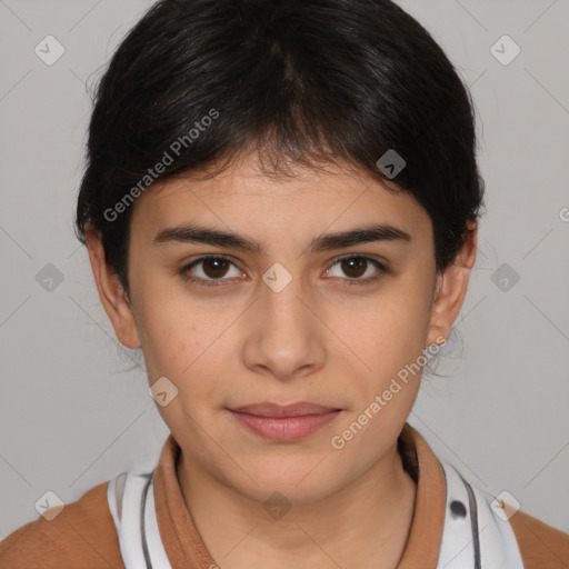 Neutral white young-adult female with medium  brown hair and brown eyes