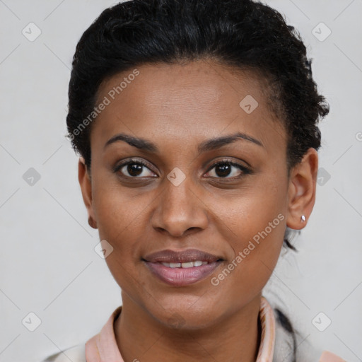 Joyful black young-adult female with short  brown hair and brown eyes