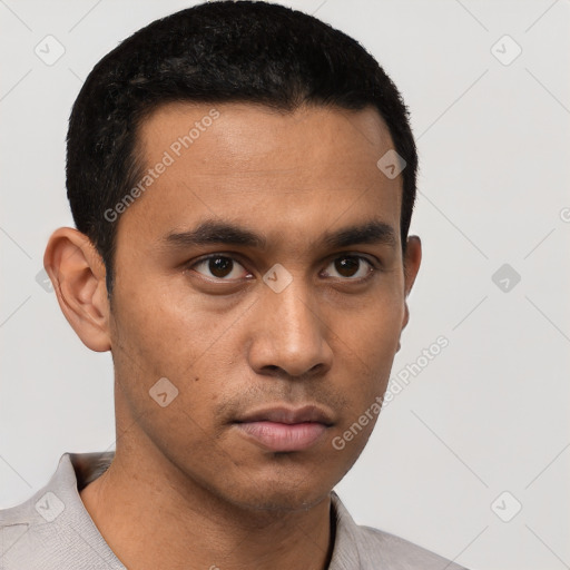 Neutral asian young-adult male with short  black hair and brown eyes