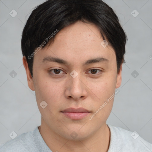 Neutral asian young-adult male with short  brown hair and brown eyes