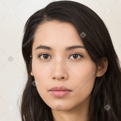 Neutral asian young-adult female with long  brown hair and brown eyes