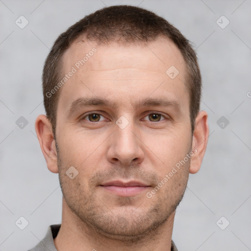 Neutral white young-adult male with short  brown hair and brown eyes