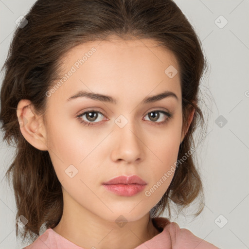 Neutral white young-adult female with medium  brown hair and brown eyes