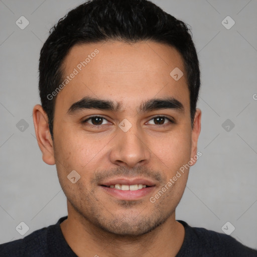 Joyful white young-adult male with short  black hair and brown eyes