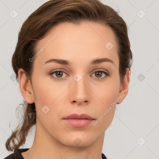 Neutral white young-adult female with medium  brown hair and grey eyes