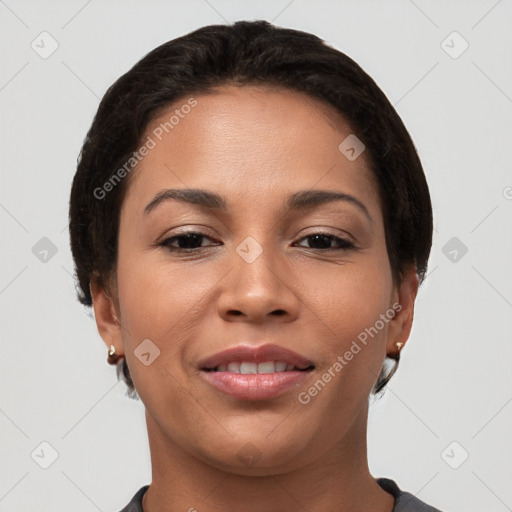 Joyful white young-adult female with short  brown hair and brown eyes