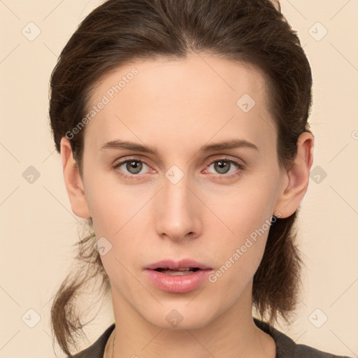 Neutral white young-adult female with medium  brown hair and brown eyes