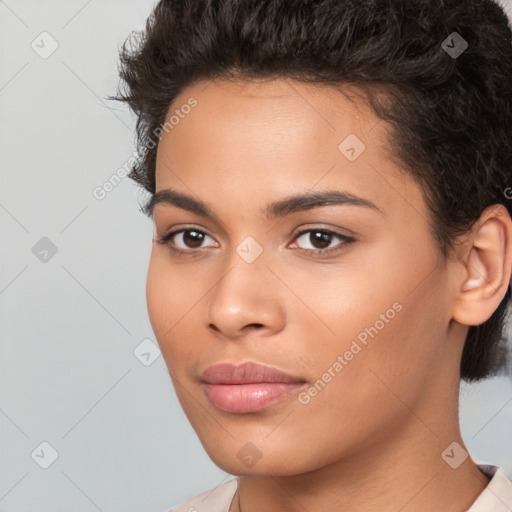 Neutral white young-adult female with short  brown hair and brown eyes