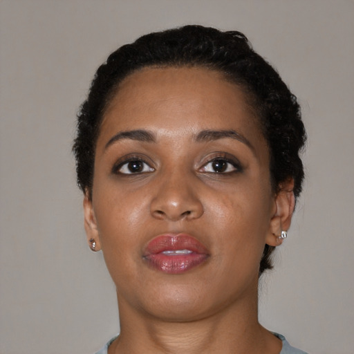 Neutral black young-adult female with short  brown hair and brown eyes