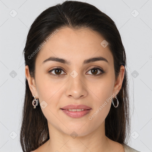 Joyful white young-adult female with medium  brown hair and brown eyes