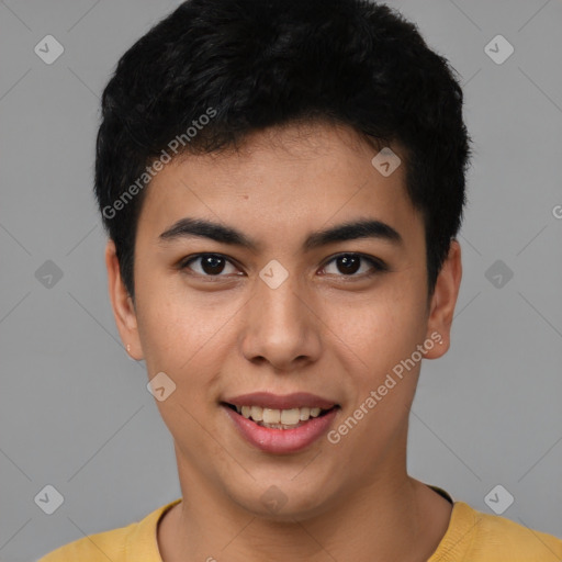 Joyful latino young-adult male with short  black hair and brown eyes