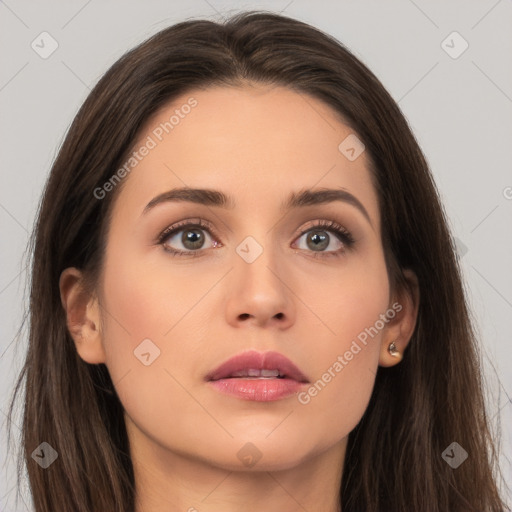 Neutral white young-adult female with long  brown hair and brown eyes