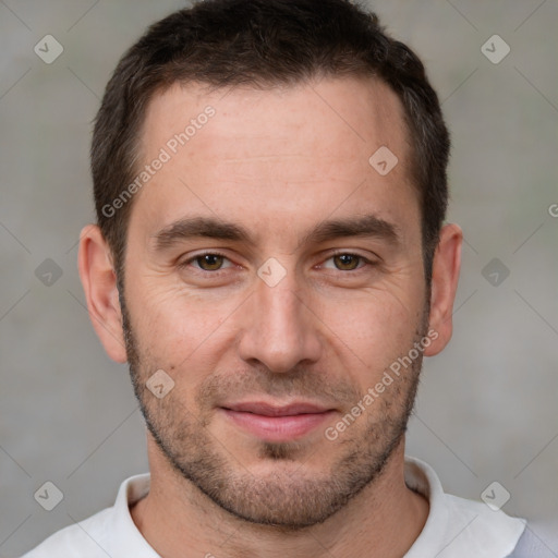 Joyful white young-adult male with short  brown hair and brown eyes